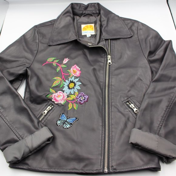 C&C California Dark Grey Embroidered Faux Leather Girls Biker Jacket Size 12 - Picture 3 of 11